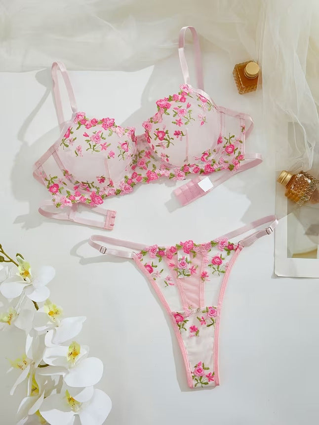 Flourish Non-Padded Floral Wired Bra & Panty Set – Blossom Charm Pink Embroidered Sheer Lingerie 9987