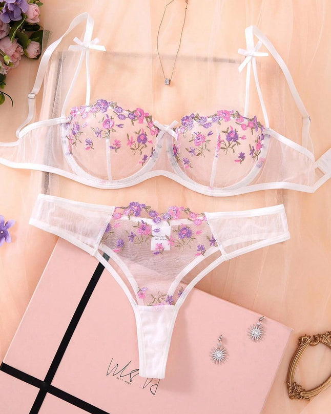 Flourish New design Sexy Elegant Flower Lace Lingerie Set  Non Padded Wired bra – Soft Mesh Floral Embroidered Bra & Panty