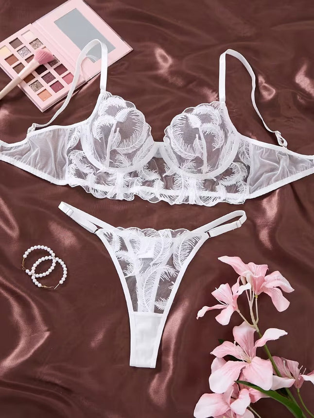 Flourish Non Padded Wired bra Pure Elegance White Floral Lace Lingerie Set – Sheer Mesh Embroidered Bra & Panty